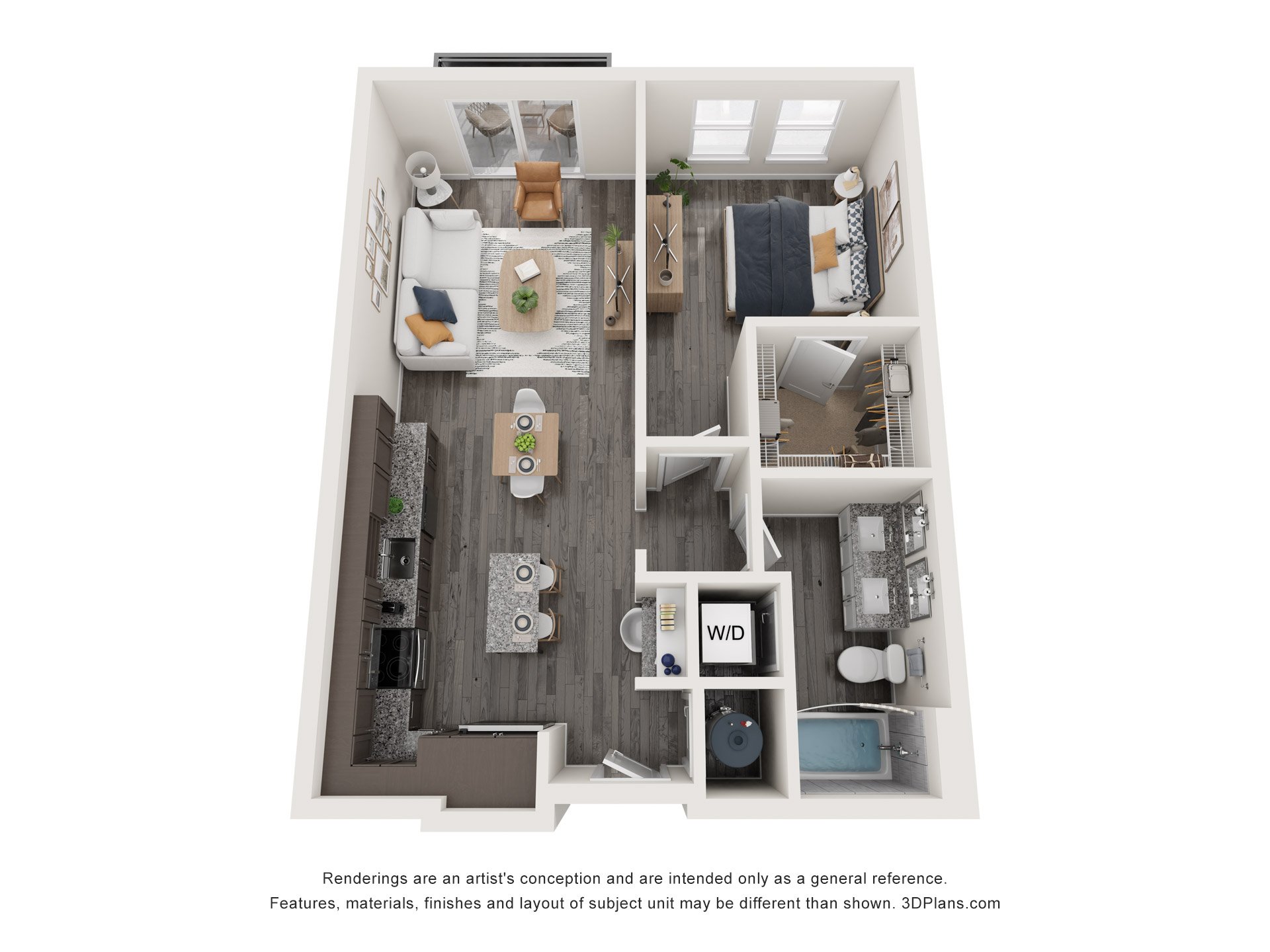 Floor plan for 1 bed, 1 bath, 723 sqft